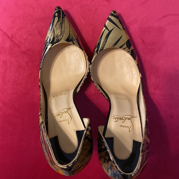 Christian Louboutin 37 IRIZA 100 Pat Lame Hibiscus Black & Gold High Heels - Picture 7 of 10
